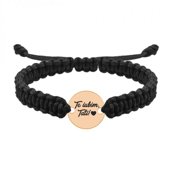 Bratara argint banut 16 mm si snur negru impletit - personalizata cu text - placat cu aur roz